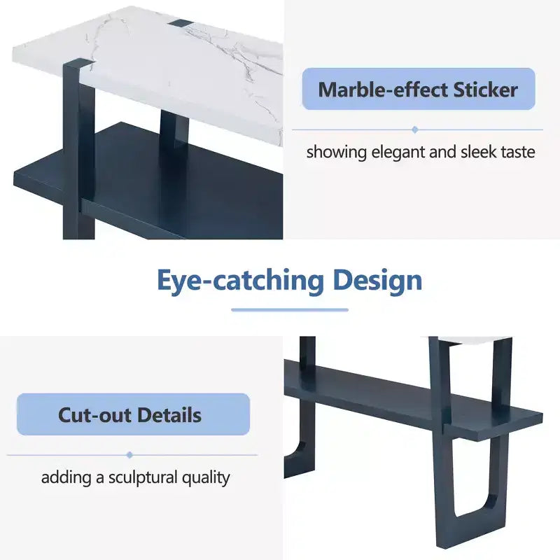 MAYEERTY Console avec plateau effet marbre et étagère ouverte pour couloir et salon Bleu marine