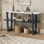 MAYEERTY Console avec plateau effet marbre et étagère ouverte pour couloir et salon Bleu marine