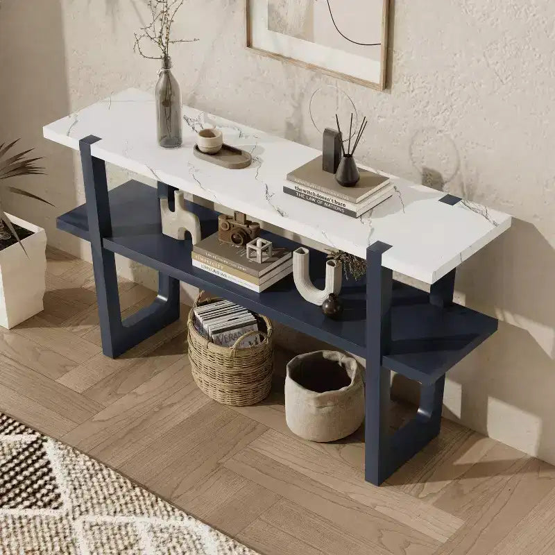 MAYEERTY Console avec plateau effet marbre et étagère ouverte pour couloir et salon Bleu marine