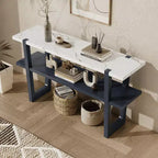 MAYEERTY Console avec plateau effet marbre et étagère ouverte pour couloir et salon Bleu marine