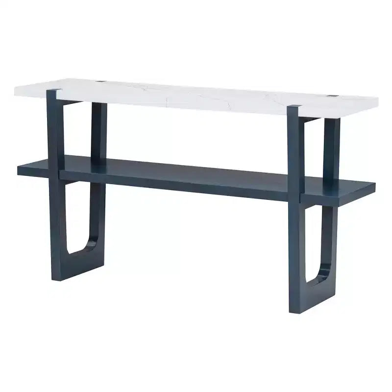 MAYEERTY Console avec plateau effet marbre et étagère ouverte pour couloir et salon Bleu marine