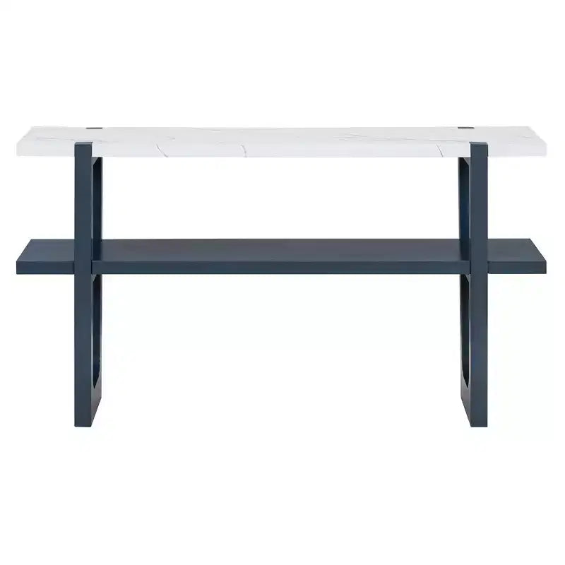 MAYEERTY Console avec plateau effet marbre et étagère ouverte pour couloir et salon Bleu marine