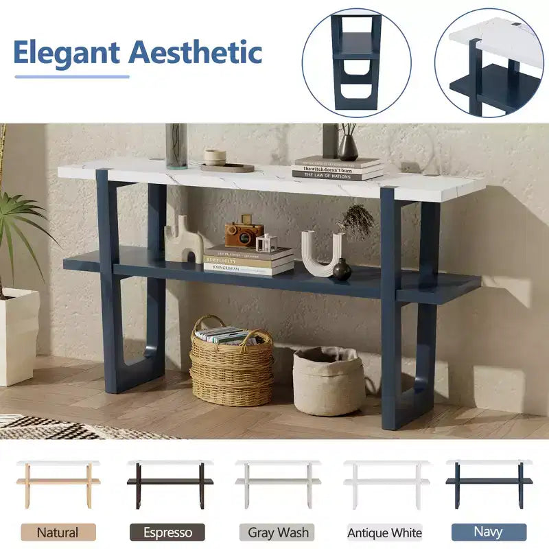 MAYEERTY Console avec plateau effet marbre et étagère ouverte pour couloir et salon Bleu marine