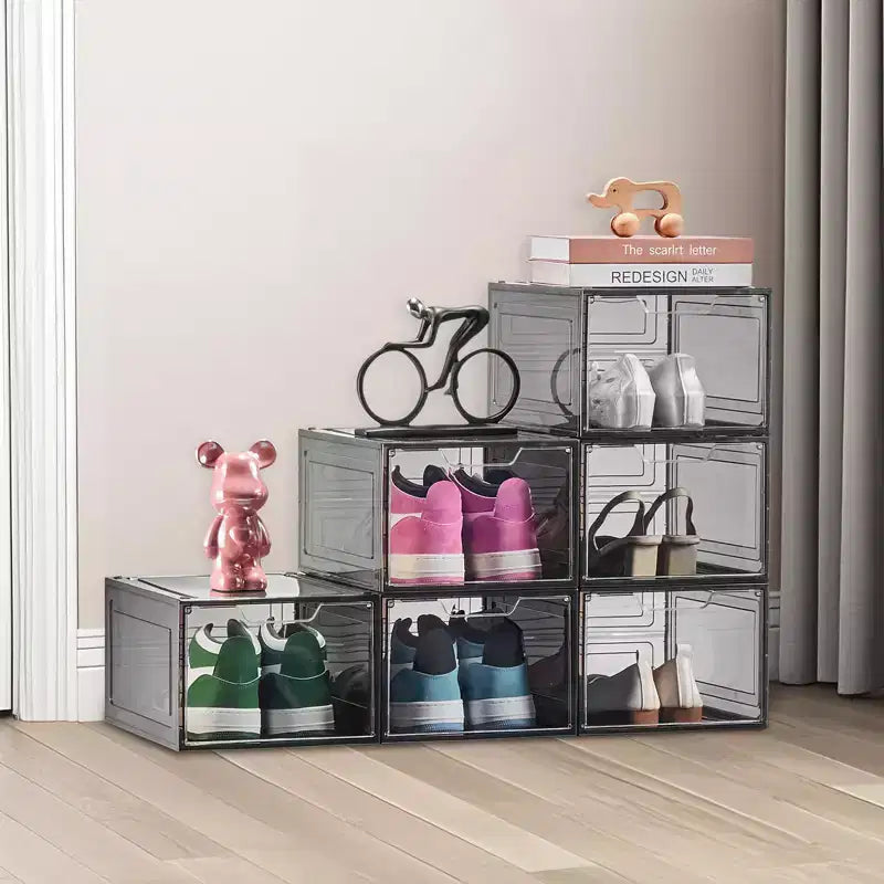 Boîtes de rangement pour chaussures VEVOR, lot de 6 boîtes de rangement transparentes et empilables avec porte magnétique, pour pointures jusqu'à 47 EU, Noir transparent