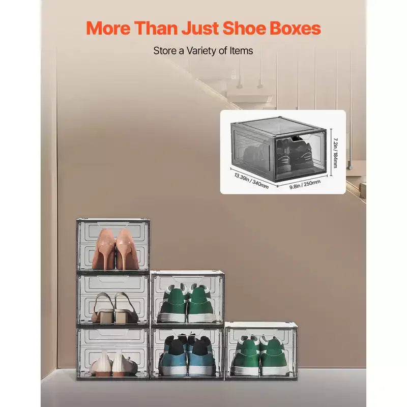 Boîtes de rangement pour chaussures VEVOR, lot de 6 boîtes de rangement transparentes et empilables avec porte magnétique, pour pointures jusqu'à 47 EU, Noir transparent