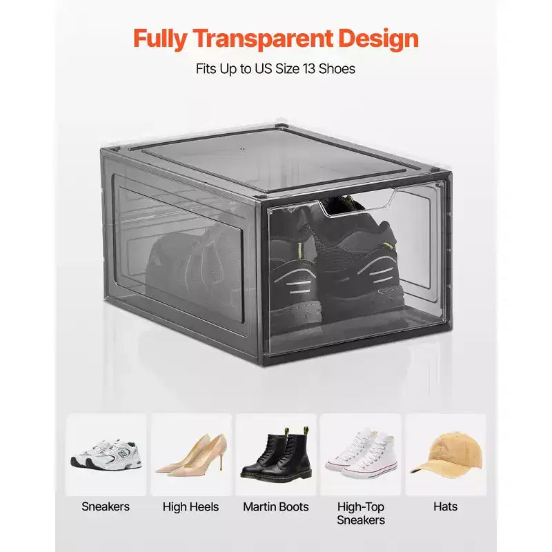 Boîtes de rangement pour chaussures VEVOR, lot de 6 boîtes de rangement transparentes et empilables avec porte magnétique, pour pointures jusqu'à 47 EU, Noir transparent