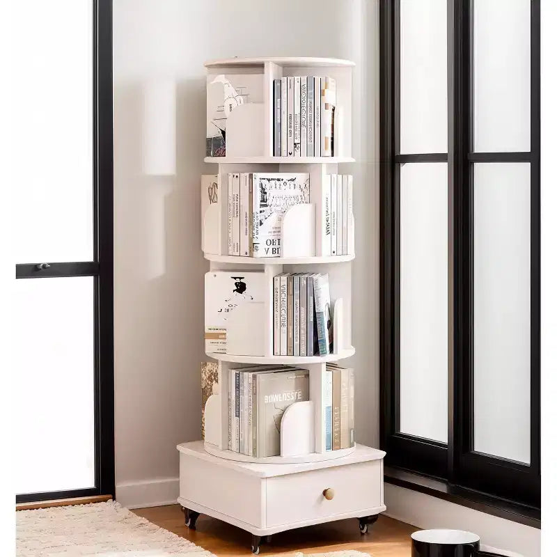 MAYEERTY 360 Display 5 Tier Corner Bookshelf with Drawer for Small Space Floor Standing Bookcase Storage Rack for Living Room Walnut