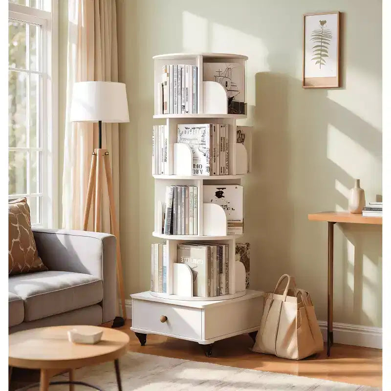 MAYEERTY Étagère d'angle à 5 niveaux avec tiroir, affichage à 360°, bibliothèque sur pied pour petits espaces, meuble de rangement pour salon, Noyer