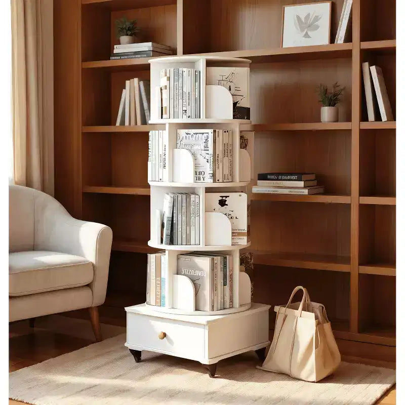 MAYEERTY Étagère d'angle à 5 niveaux avec tiroir, affichage à 360°, bibliothèque sur pied pour petits espaces, meuble de rangement pour salon, Noyer