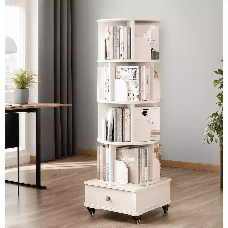 MAYEERTY Étagère d'angle à 5 niveaux avec tiroir, affichage à 360°, bibliothèque sur pied pour petits espaces, meuble de rangement pour salon, Noyer