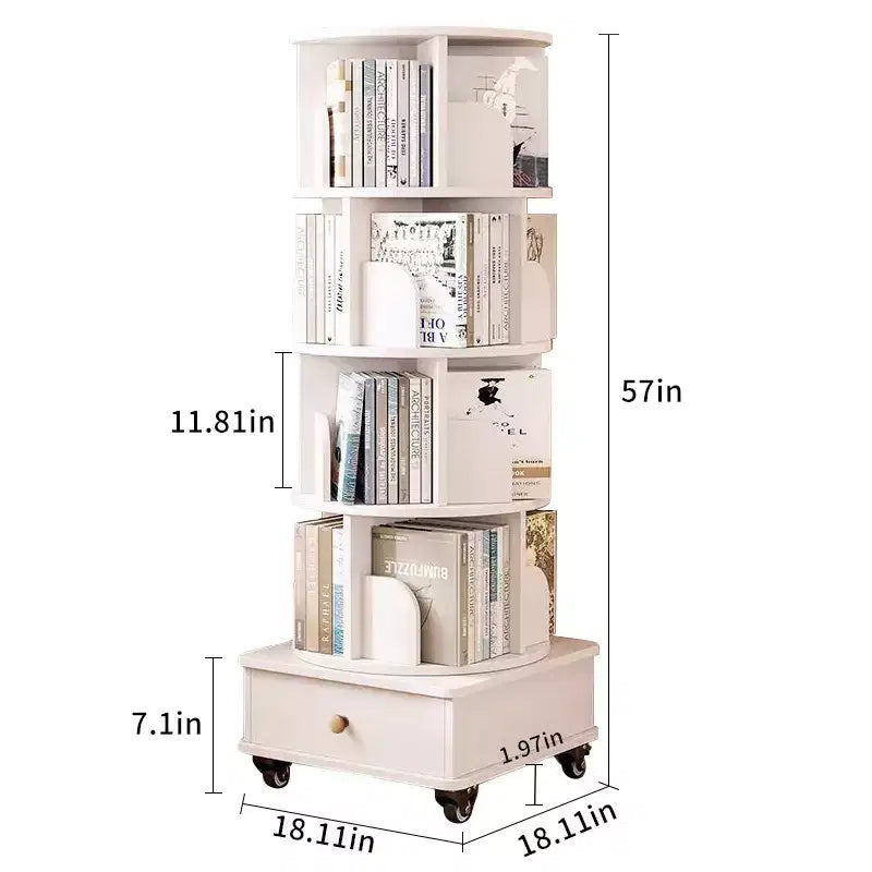 MAYEERTY Étagère d'angle à 5 niveaux avec tiroir, affichage à 360°, bibliothèque sur pied pour petits espaces, meuble de rangement pour salon, Noyer