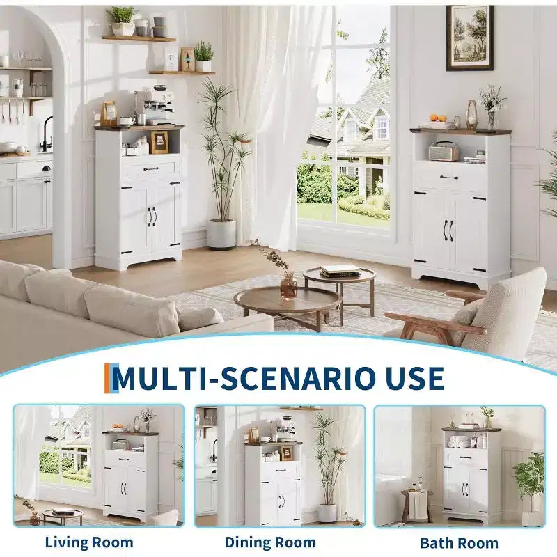 Meuble de rangement blanc de style ferme avec portes et tiroirs, meuble de salle de bain autoportant pour cuisine/buanderie/salon/chambre