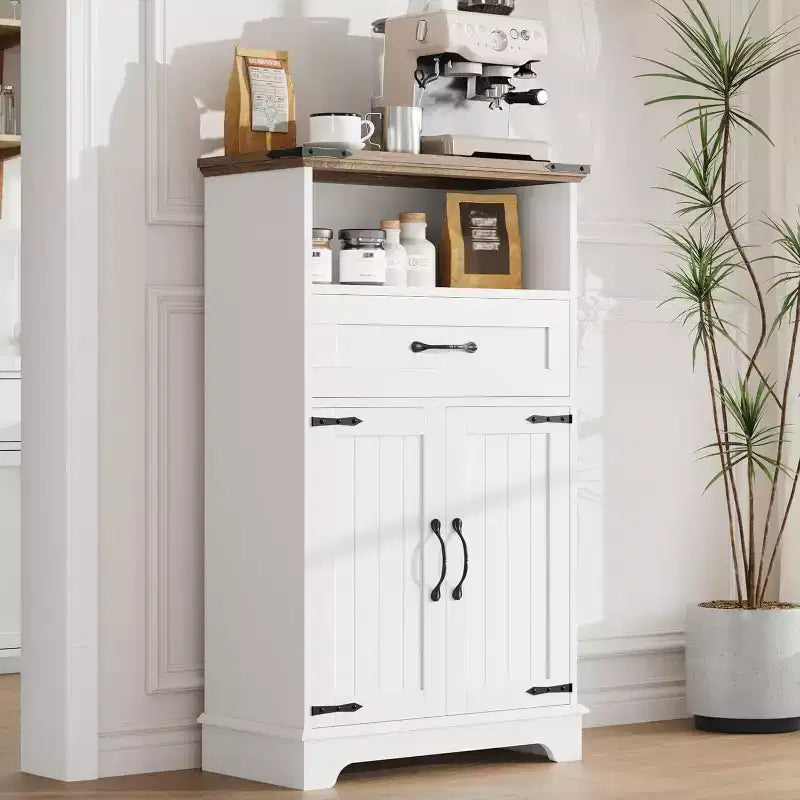 Meuble de rangement blanc de style ferme avec portes et tiroirs, meuble de salle de bain autoportant pour cuisine/buanderie/salon/chambre