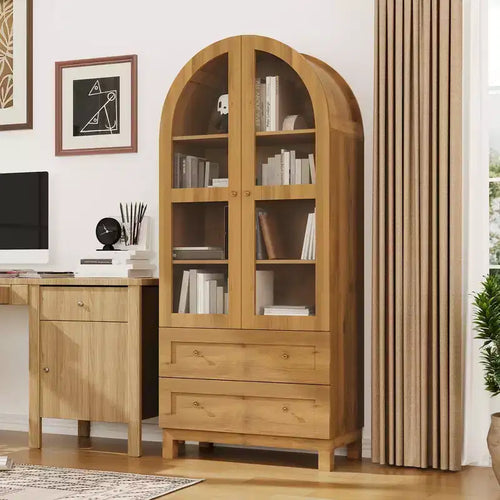 71 Tall Arched Bookshelf, Modern Bookcase with 2 Drawers, Glass Door and Adjustable Shelf, Wooden Display Cabinet, Versatile Bookshelf Kitchen