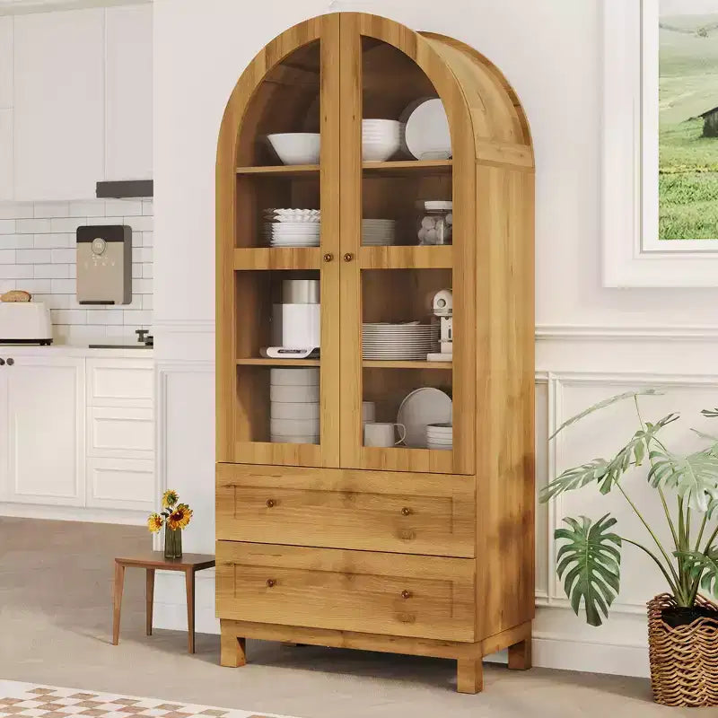 Bibliothèque arquée haute de 71", bibliothèque moderne avec 2 tiroirs, porte vitrée et étagère réglable, vitrine en bois, bibliothèque polyvalente pour la cuisine.