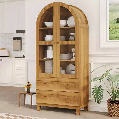 Bibliothèque arquée haute de 71", bibliothèque moderne avec 2 tiroirs, porte vitrée et étagère réglable, vitrine en bois, bibliothèque polyvalente pour la cuisine.