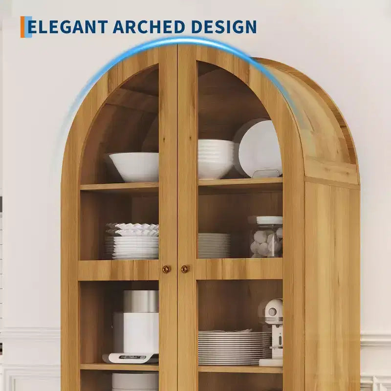 Bibliothèque arquée haute de 71", bibliothèque moderne avec 2 tiroirs, porte vitrée et étagère réglable, vitrine en bois, bibliothèque polyvalente pour la cuisine.