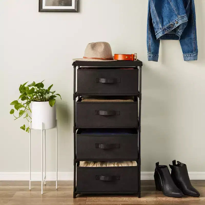 Commode de placard haute à 4 niveaux avec tiroirs - Organisateur de vêtements et petit rangement en tissu pour chambre à coucher
