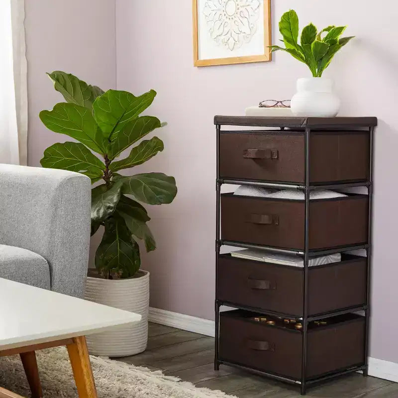 Commode de placard haute à 4 niveaux avec tiroirs - Organisateur de vêtements et petit rangement en tissu pour chambre à coucher