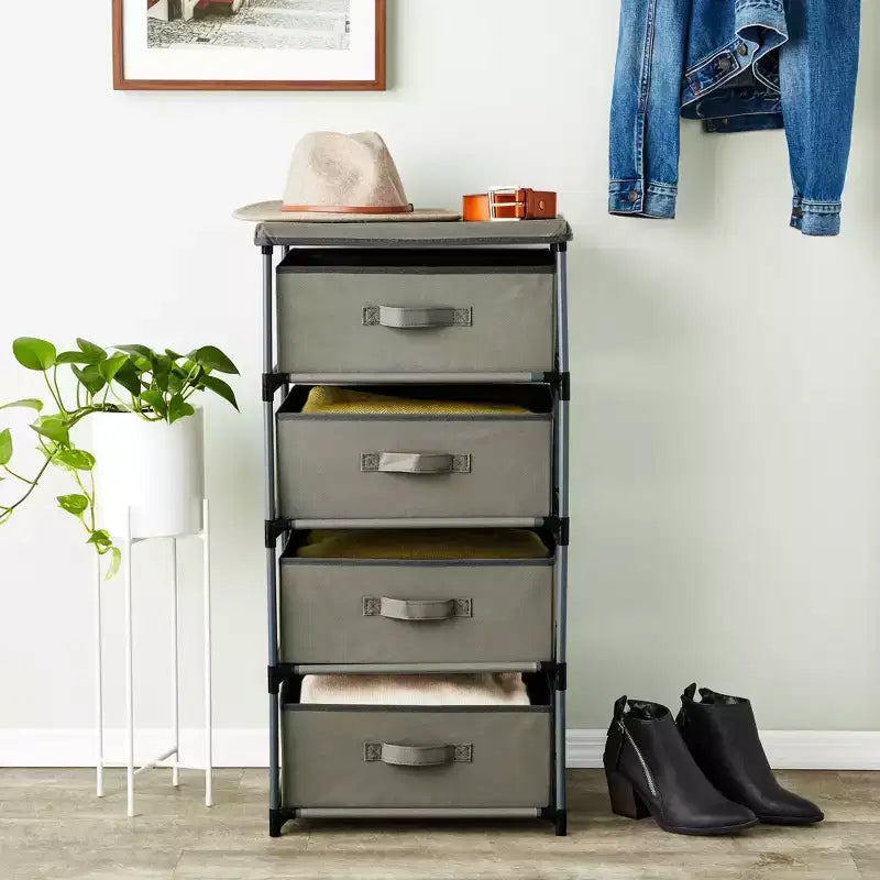 Commode de placard haute à 4 niveaux avec tiroirs - Organisateur de vêtements et petit rangement en tissu pour chambre à coucher
