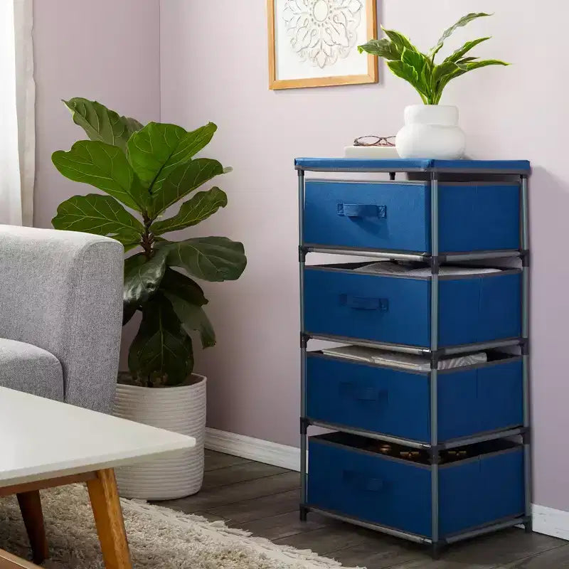 Commode de placard haute à 4 niveaux avec tiroirs - Organisateur de vêtements et petit rangement en tissu pour chambre à coucher