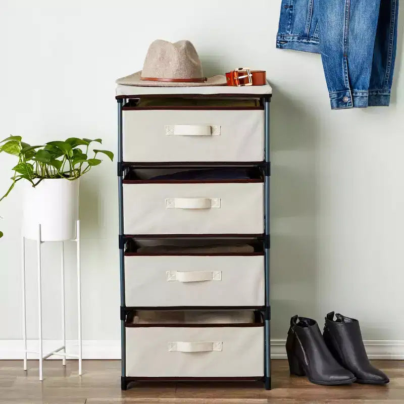 Commode de placard haute à 4 niveaux avec tiroirs - Organisateur de vêtements et petit rangement en tissu pour chambre à coucher