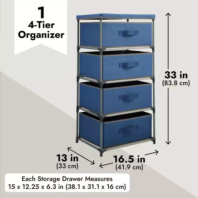 Commode de placard haute à 4 niveaux avec tiroirs - Organisateur de vêtements et petit rangement en tissu pour chambre à coucher