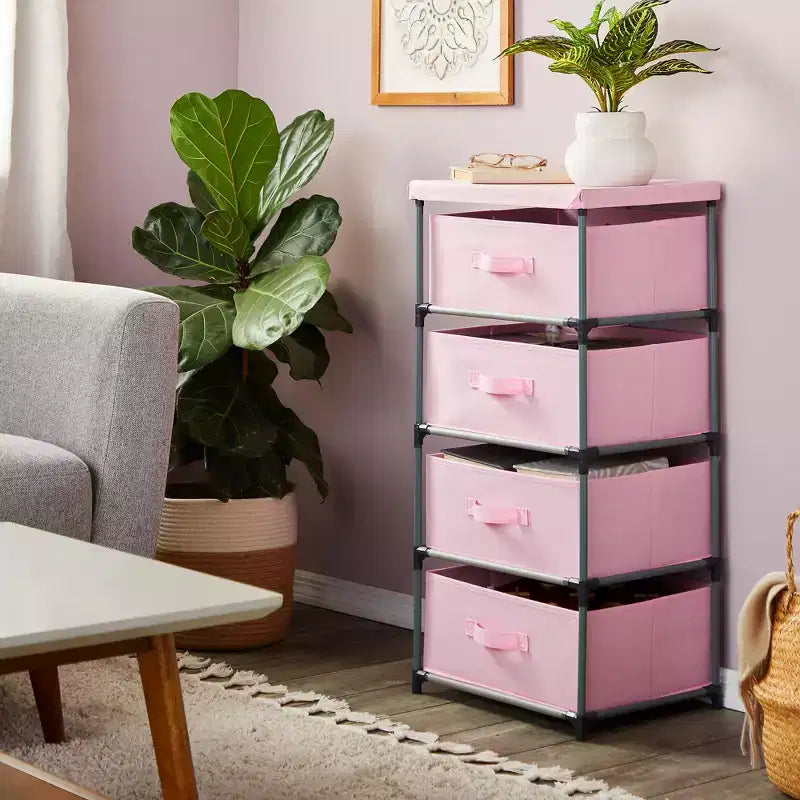 Commode de placard haute à 4 niveaux avec tiroirs - Organisateur de vêtements et petit rangement en tissu pour chambre à coucher