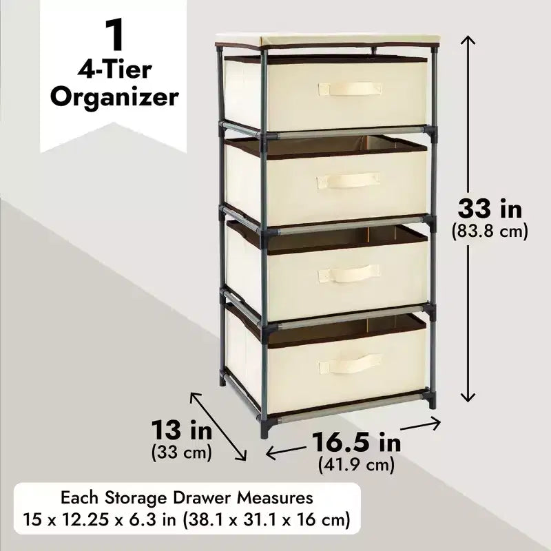 Commode de placard haute à 4 niveaux avec tiroirs - Organisateur de vêtements et petit rangement en tissu pour chambre à coucher