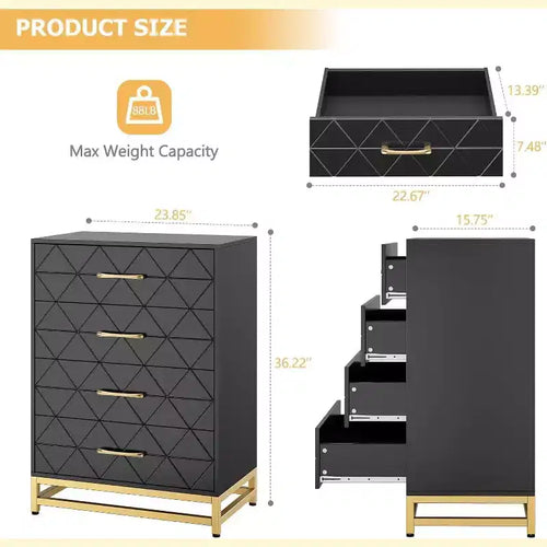 Commode à 4 tiroirs Acekool, chiffonnier haut pour chambre et placard, glissières à fermeture douce, organisateur de rangement moderne avec poignées métalliques