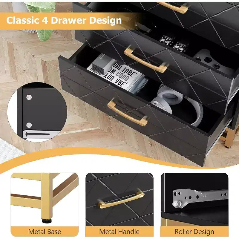 Commode à 4 tiroirs Acekool, chiffonnier haut pour chambre et placard, glissières à fermeture douce, organisateur de rangement moderne avec poignées métalliques
