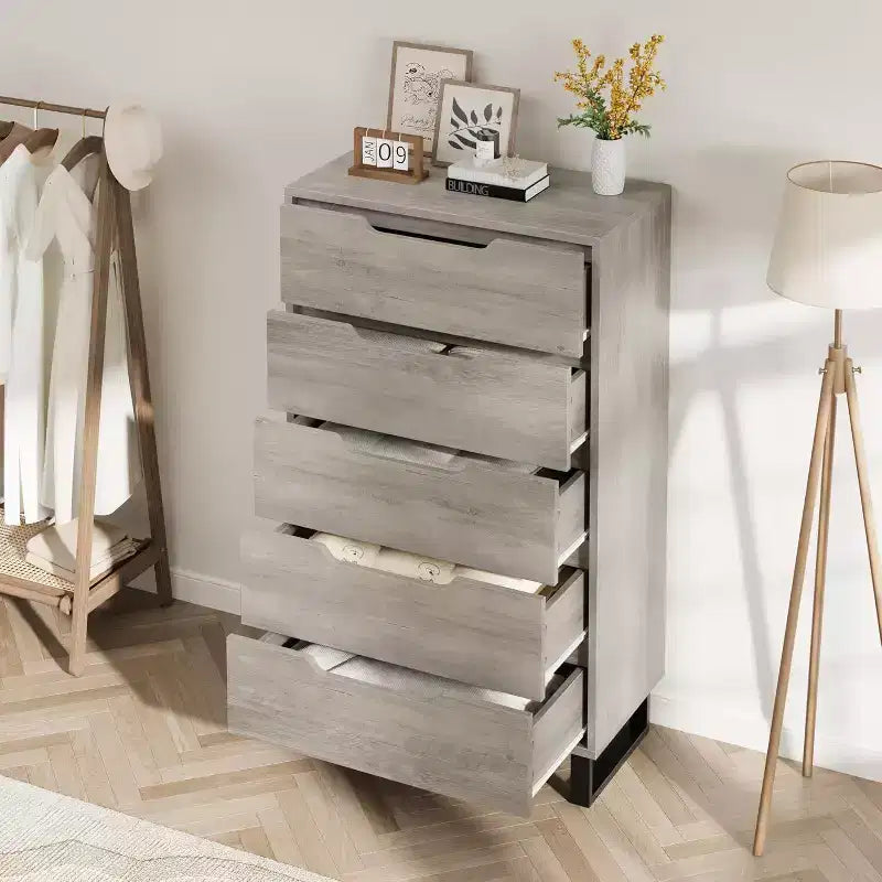 Commode 5 tiroirs pour chambre à coucher, commode haute de 130 cm, armoire à tiroirs verticale autoportante avec rangement, commode de rangement en bois pour salon, couloir