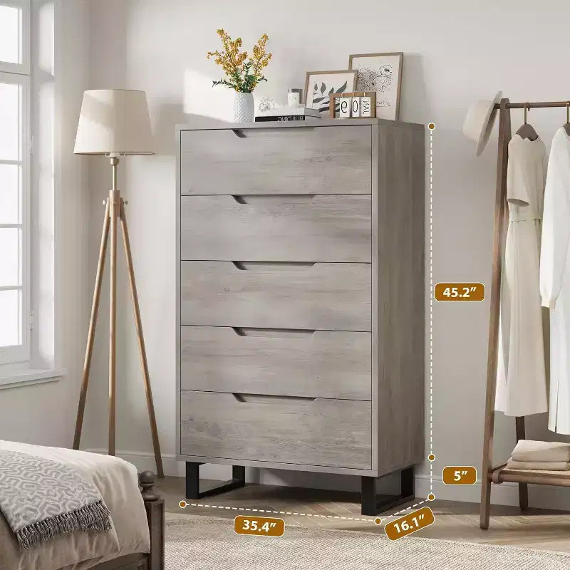 Commode 5 tiroirs pour chambre à coucher, commode haute de 130 cm, armoire à tiroirs verticale autoportante avec rangement, commode de rangement en bois pour salon, couloir