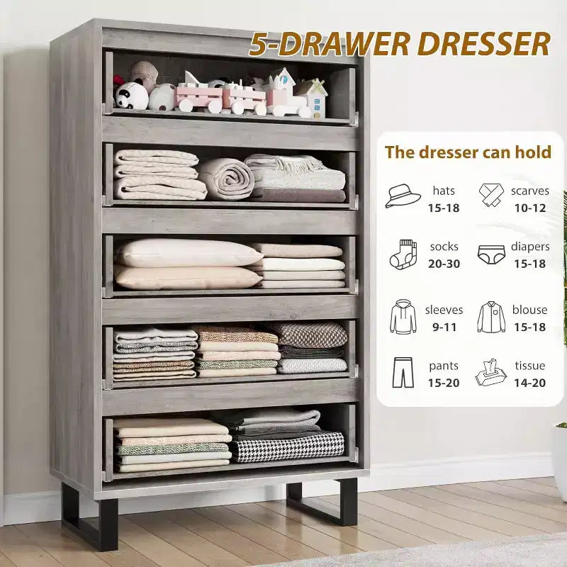 Commode 5 tiroirs pour chambre à coucher, commode haute de 130 cm, armoire à tiroirs verticale autoportante avec rangement, commode de rangement en bois pour salon, couloir