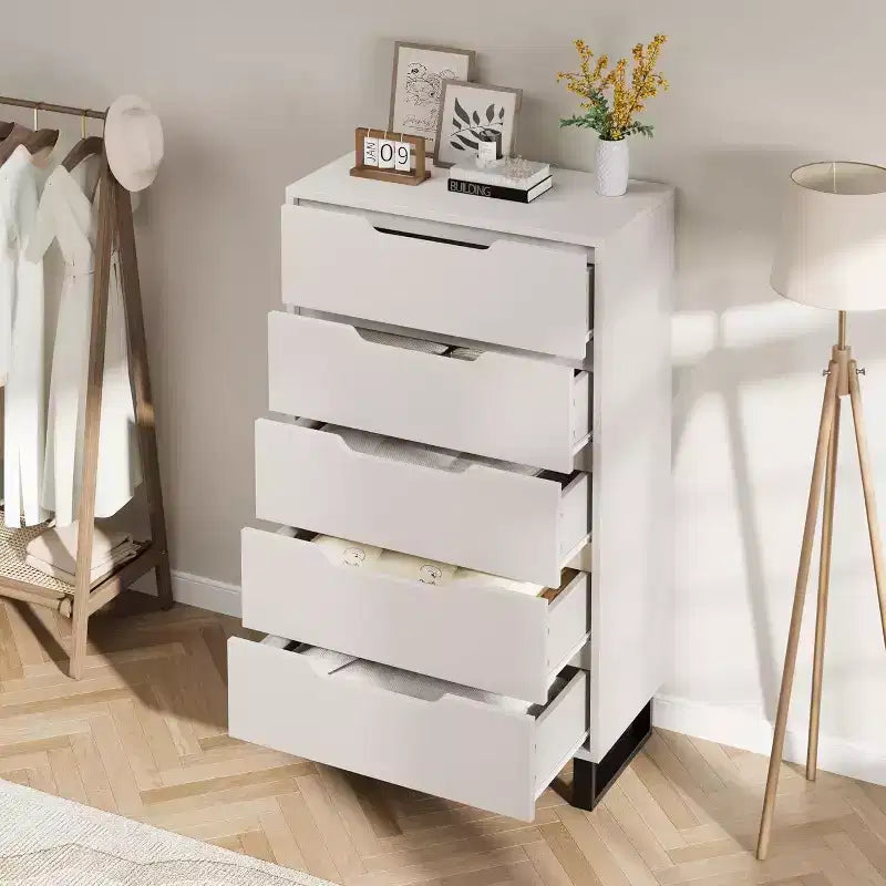 Commode 5 tiroirs pour chambre à coucher, commode haute de 130 cm, armoire à tiroirs verticale autoportante avec rangement, commode de rangement en bois pour salon, couloir