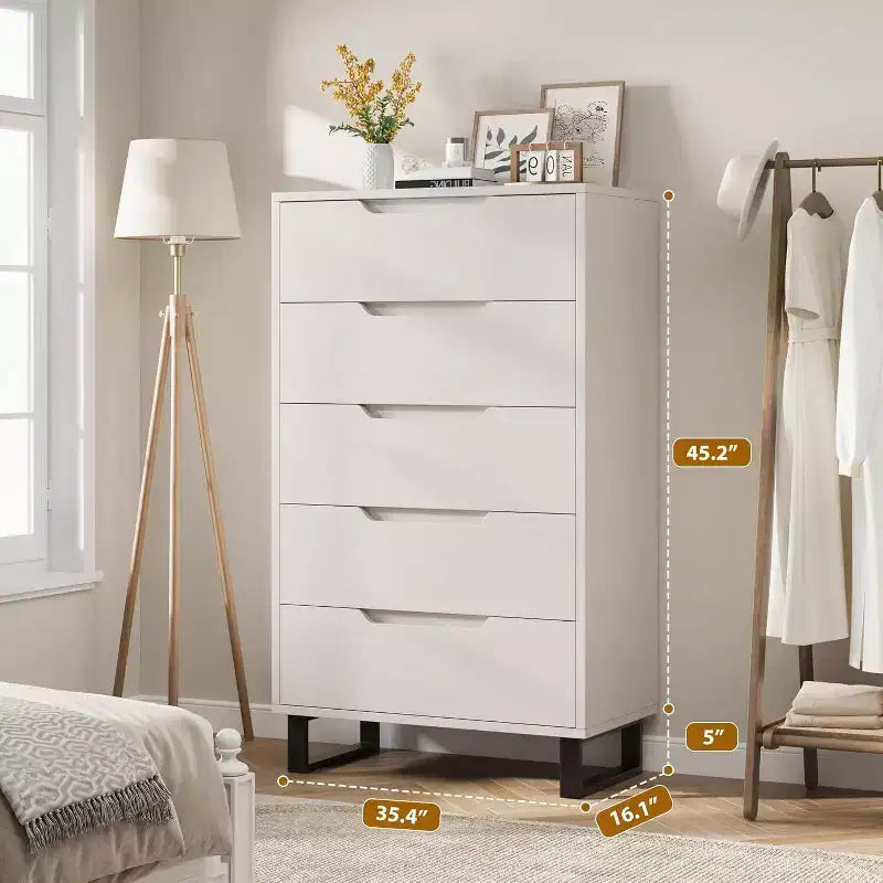 Commode 5 tiroirs pour chambre à coucher, commode haute de 130 cm, armoire à tiroirs verticale autoportante avec rangement, commode de rangement en bois pour salon, couloir