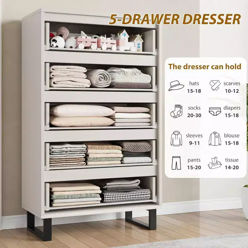Commode 5 tiroirs pour chambre à coucher, commode haute de 130 cm, armoire à tiroirs verticale autoportante avec rangement, commode de rangement en bois pour salon, couloir