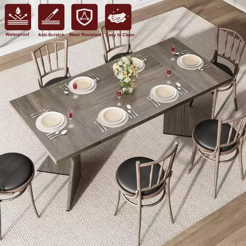 Table à manger GustoWave de 180 cm pour 6 personnes, avec cadre robuste et pieds en V