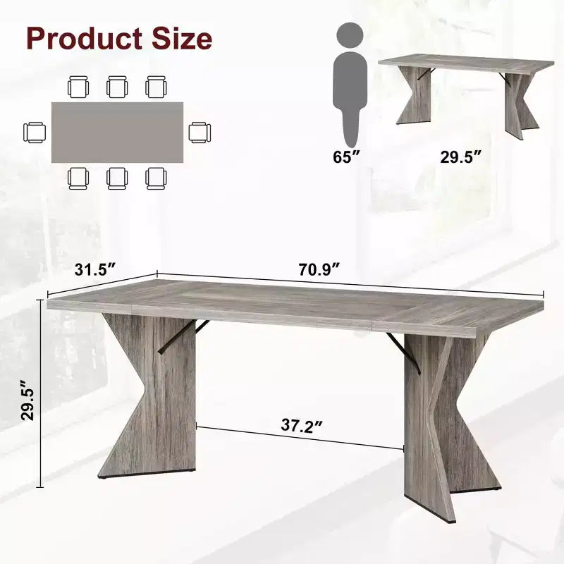 Table à manger GustoWave de 180 cm pour 6 personnes, avec cadre robuste et pieds en V