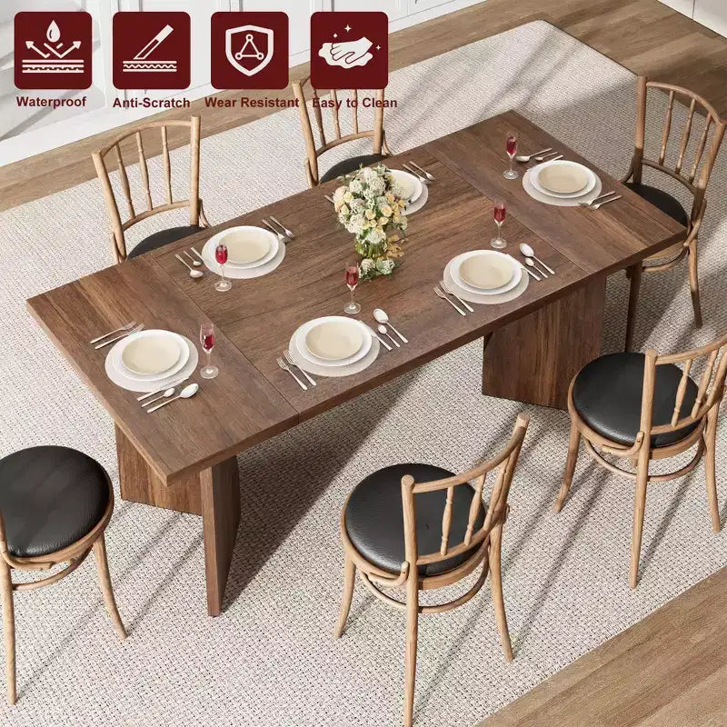 Table à manger GustoWave de 180 cm pour 6 personnes, avec cadre robuste et pieds en V