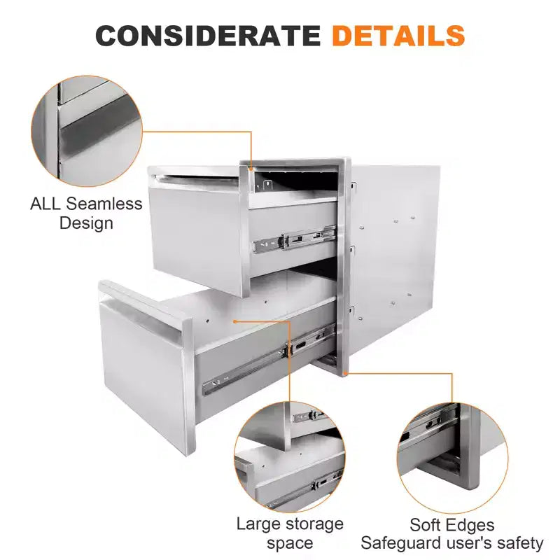 Tiroirs de cuisine extérieure, tiroirs de barbecue encastrables en acier inoxydable avec poignée rainurée, pour îlot de cuisine extérieure ou station de grillades de patio, 2 couches