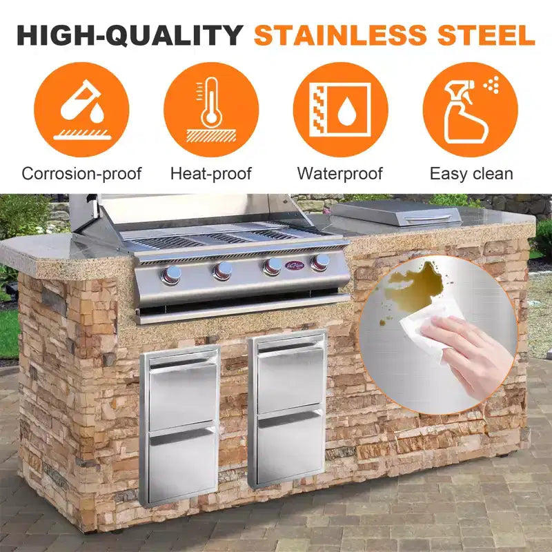 Tiroirs de cuisine extérieure, tiroirs de barbecue encastrables en acier inoxydable avec poignée rainurée, pour îlot de cuisine extérieure ou station de grillades de patio, 2 couches