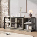 Meuble TV moderne pour téléviseurs jusqu'à 75 pouces, meuble de divertissement avec portes en maille et 4 étagères ouvertes, console TV multimédia en bois, gris 160 cm
