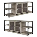 Meuble TV moderne pour téléviseurs jusqu'à 75 pouces, meuble de divertissement avec portes en maille et 4 étagères ouvertes, console TV multimédia en bois, gris 160 cm