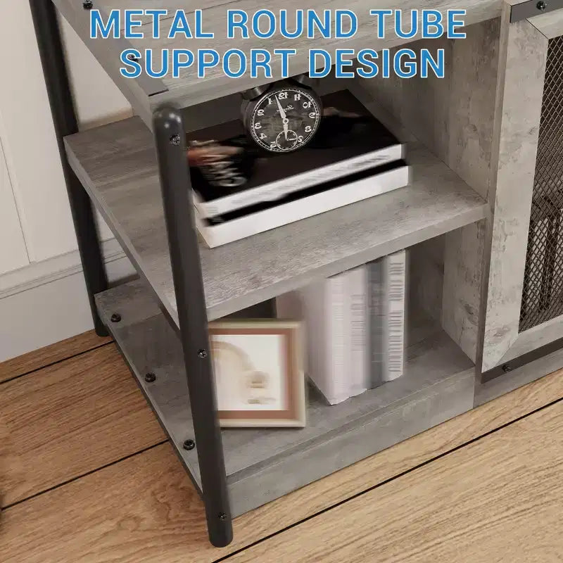Meuble TV moderne pour téléviseurs jusqu'à 75 pouces, meuble de divertissement avec portes en maille et 4 étagères ouvertes, console TV multimédia en bois, gris 160 cm