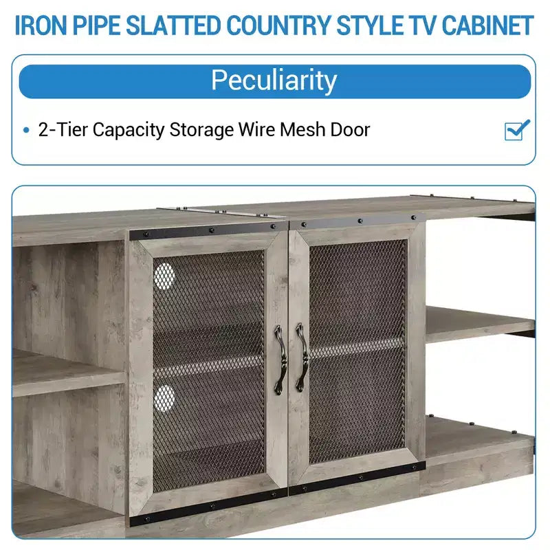 Meuble TV moderne pour téléviseurs jusqu'à 75 pouces, meuble de divertissement avec portes en maille et 4 étagères ouvertes, console TV multimédia en bois, gris 160 cm