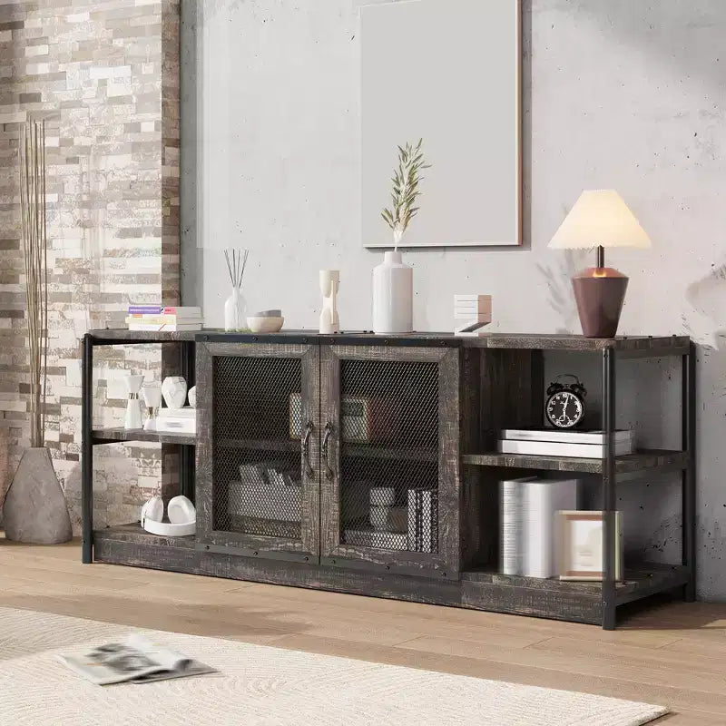 Meuble TV moderne pour téléviseurs jusqu'à 75 pouces, meuble de divertissement avec portes en maille et 4 étagères ouvertes, console TV multimédia en bois, gris 160 cm