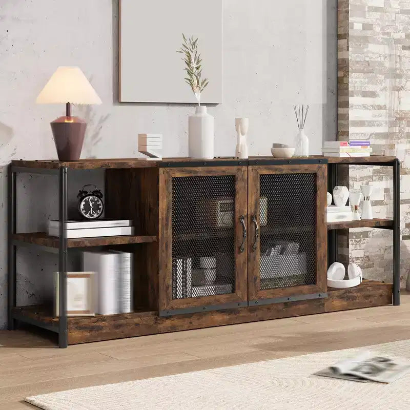 Meuble TV moderne pour téléviseurs jusqu'à 75 pouces, meuble de divertissement avec portes en maille et 4 étagères ouvertes, console TV multimédia en bois, gris 160 cm