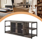 Meuble TV moderne pour téléviseurs jusqu'à 75 pouces, meuble de divertissement avec portes en maille et 4 étagères ouvertes, console TV multimédia en bois, gris 160 cm