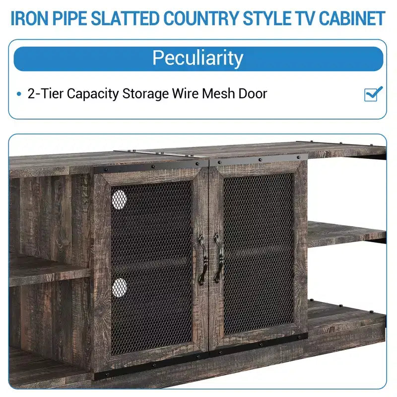 Meuble TV moderne pour téléviseurs jusqu'à 75 pouces, meuble de divertissement avec portes en maille et 4 étagères ouvertes, console TV multimédia en bois, gris 160 cm